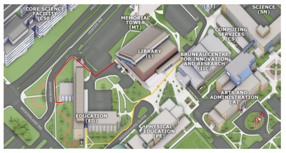 routes accessing education building outlined in red and yellow